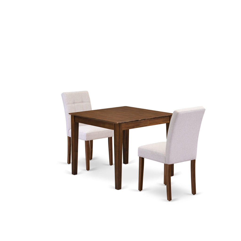 East West Furniture OXAS3-AWA-08 3 Piece Dining Set contain A Wooden Kitchen Table and 2 Mist Beige Linen Fabric Dining Room Chairs, Antique Walnut