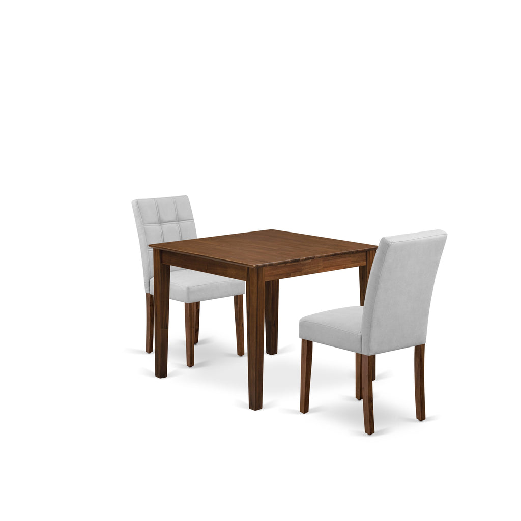 East West Furniture OXAS3-AWA-27 3 Piece Dining Room Table Set consists A Wooden Table and 2 Light Gray Faux Leather Parson Dining Chairs, Antique Walnut