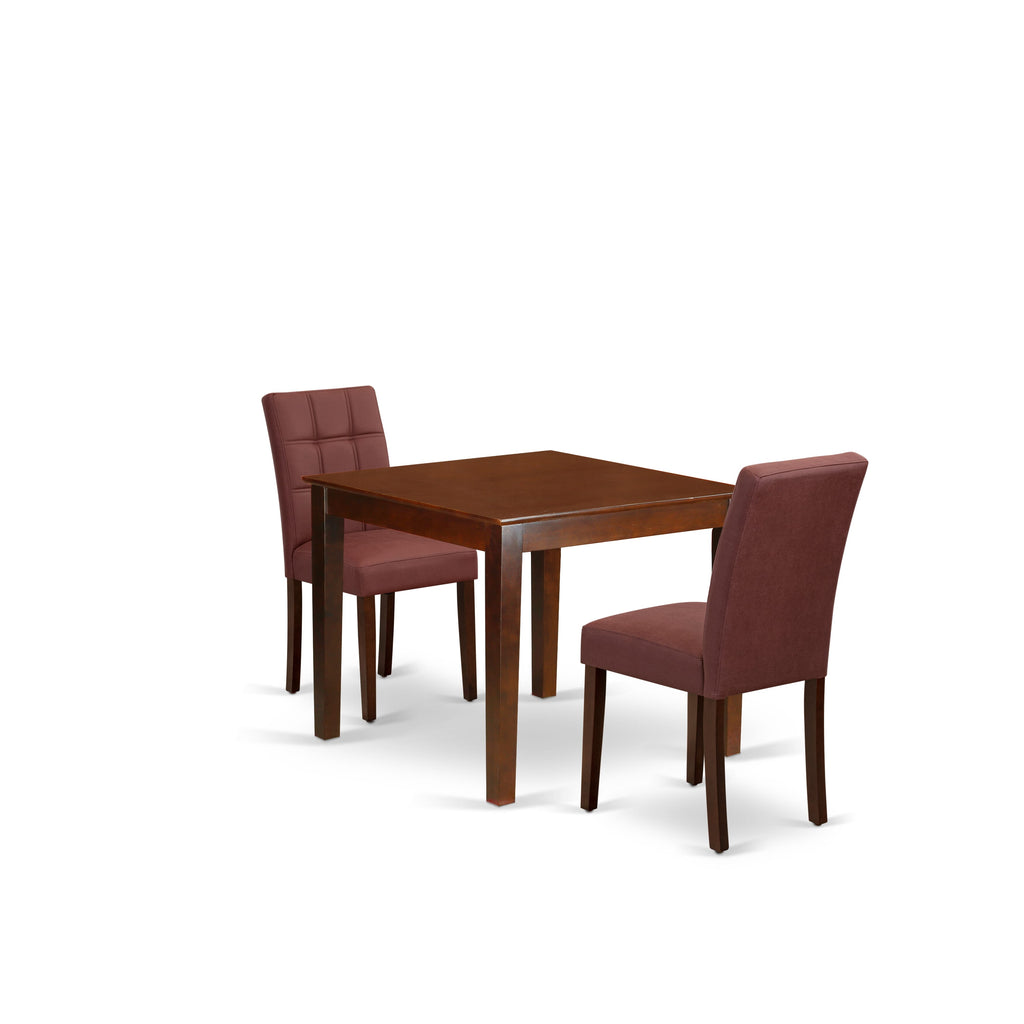 East West Furniture OXAS3-MAH-26 3 Piece Dining Set contain A Dinner Table and 2 Burgundy Faux Leather Modern Chairs, Mahogany