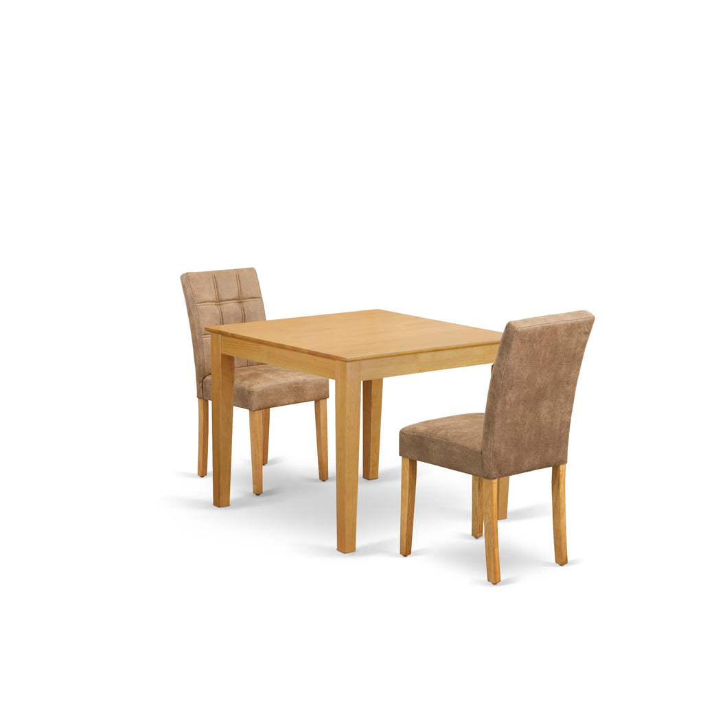 East West Furniture OXAS3-OAK-28 3 Piece Table Set contain A Modern Kitchen Table and 2 Brown Textured Faux Leather Mid Century Chairs, Oak