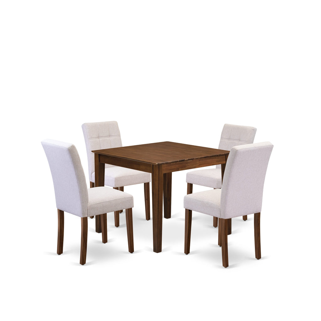 East West Furniture OXAS5-AWA-08 5 Piece Dining Room Set consists A Dining Table and 4 Mist Beige Linen Fabric Upholstered Chairs, Antique Walnut