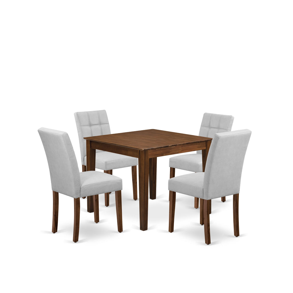 East West Furniture OXAS5-AWA-27 5 Piece Dining Table Set Includes A Mid Century Dining Table and 4 Light Gray Faux Leather Dining Chairs, Antique Walnut