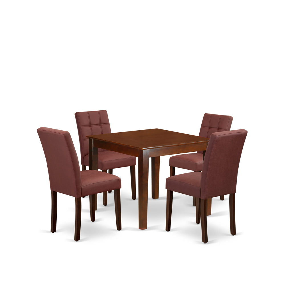 East West Furniture OXAS5-MAH-26 5 Piece Dining Room Set consists A Wooden Kitchen Table and 4 Burgundy Faux Leather Dinner Chairs, Mahogany