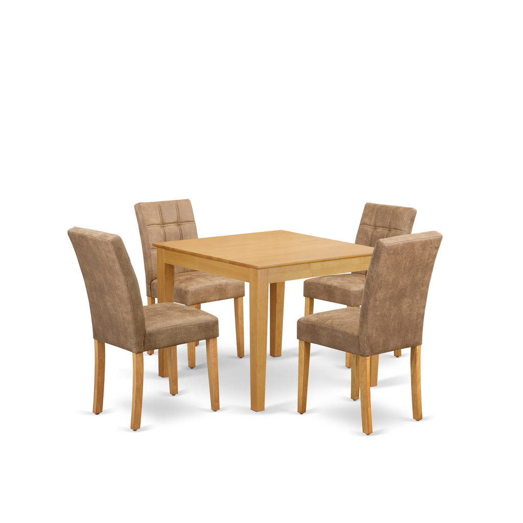 East West Furniture OXAS5-OAK-28 5 Piece Modern Dining Table Set consists A Mid Century Modern Table and 4 Brown Textured Faux Leather Modern Dining Chairs, Oak