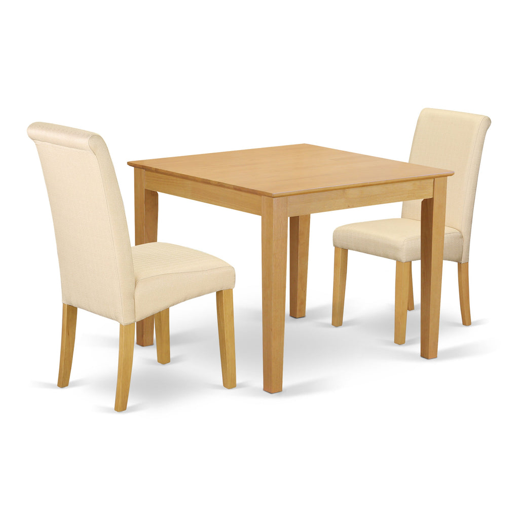East West Furniture OXBA3-OAK-02 3 Piece Dining Room Furniture Set Contains a Square Dining Table and 2 Light Beige Linen Fabric Parsons Chairs, 36x36 Inch, Oak
