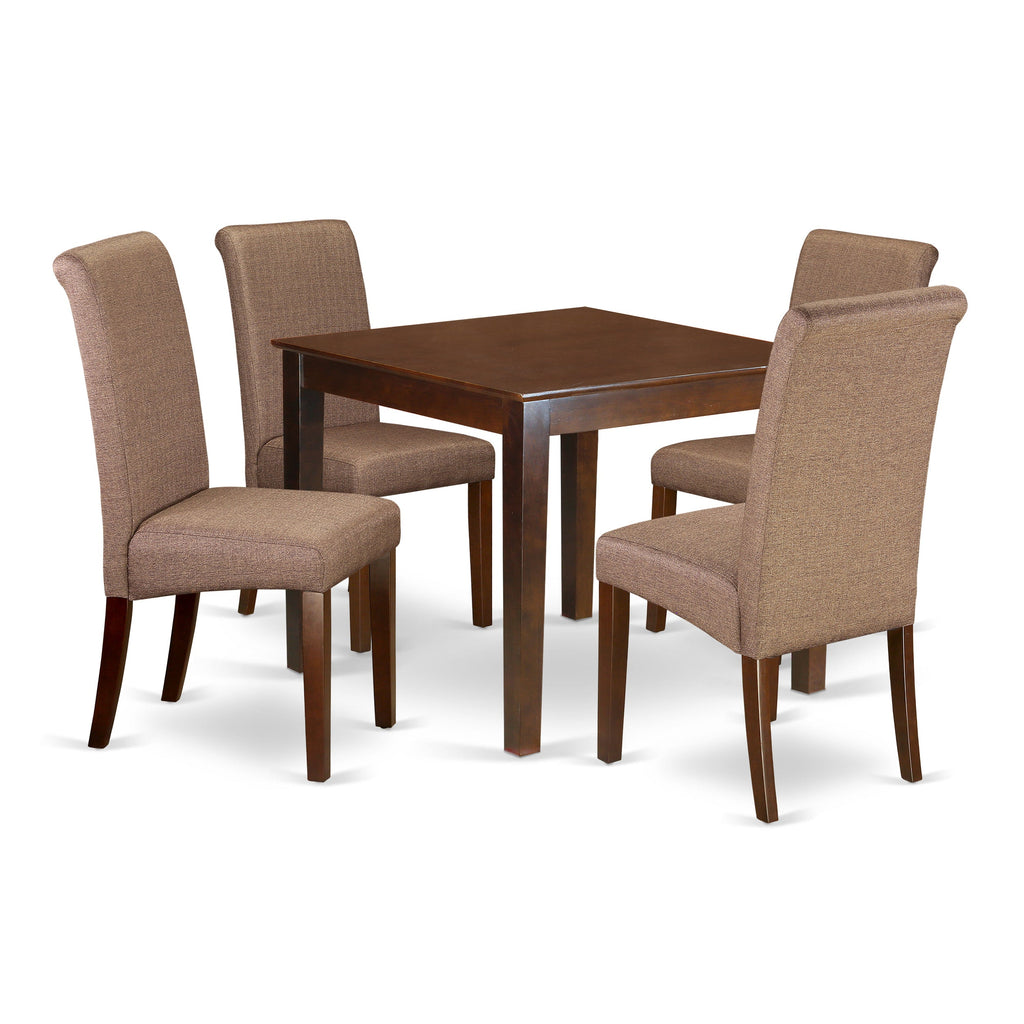 East West Furniture OXBA5-MAH-18 5 Piece Dining Room Table Set Includes a Square Wooden Table and 4 Brown Linen Linen Fabric Upholstered Parson Chairs, 36x36 Inch, Mahogany