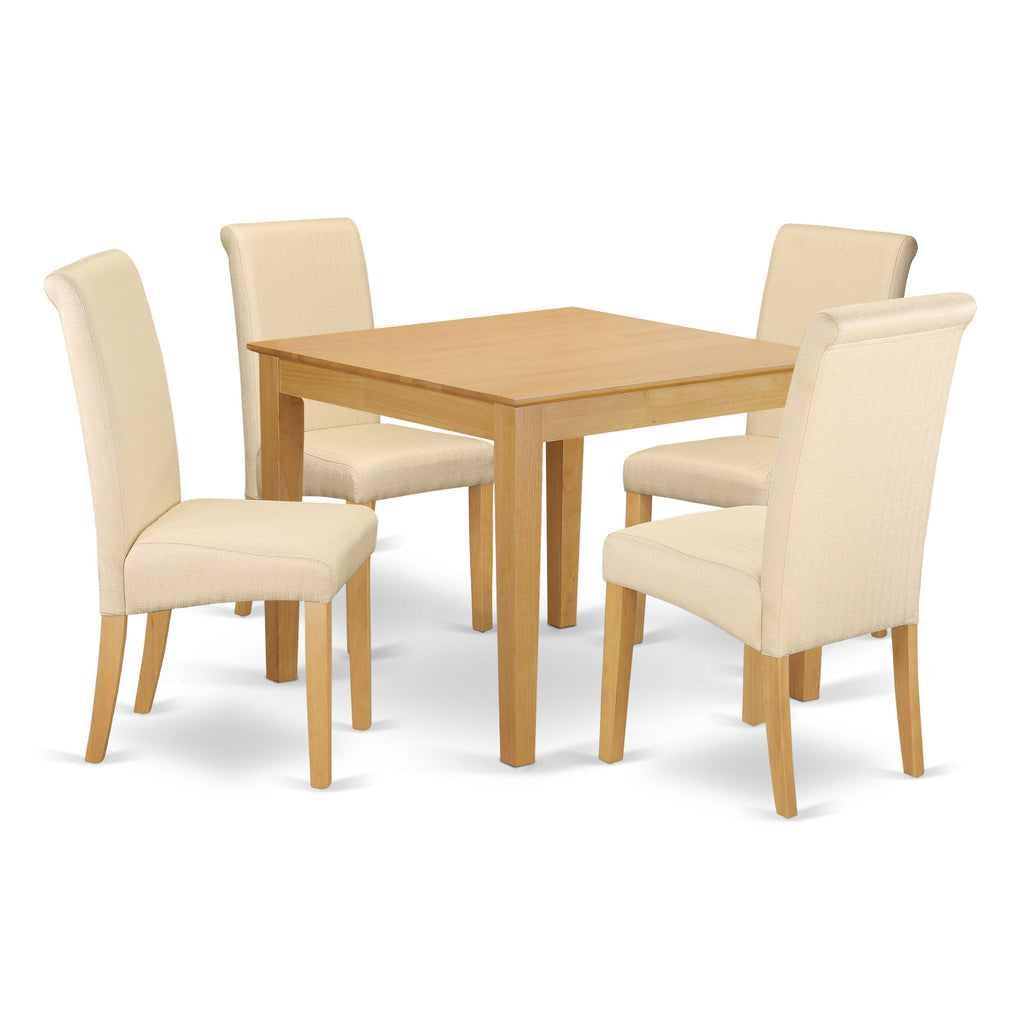 East West Furniture OXBA5-OAK-02 5 Piece Dinette Set for 4 Includes a Square Dining Room Table and 4 Light Beige Linen Fabric Parson Dining Chairs, 36x36 Inch, Oak