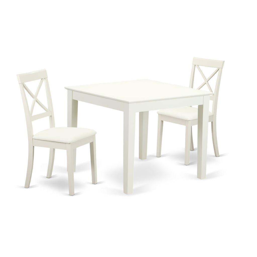 East West Furniture OXBO3-LWH-LC 3 Piece Modern Dining Table Set Contains a Square Wooden Table and 2 Faux Leather Dining Room Chairs, 36x36 Inch, Linen White