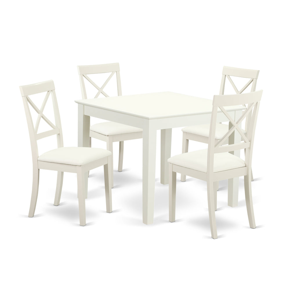 East West Furniture OXBO5-LWH-LC 5 Piece Dinette Set for 4 Includes a Square Dining Table and 4 Faux Leather Dining Room Chairs, 36x36 Inch, Linen White