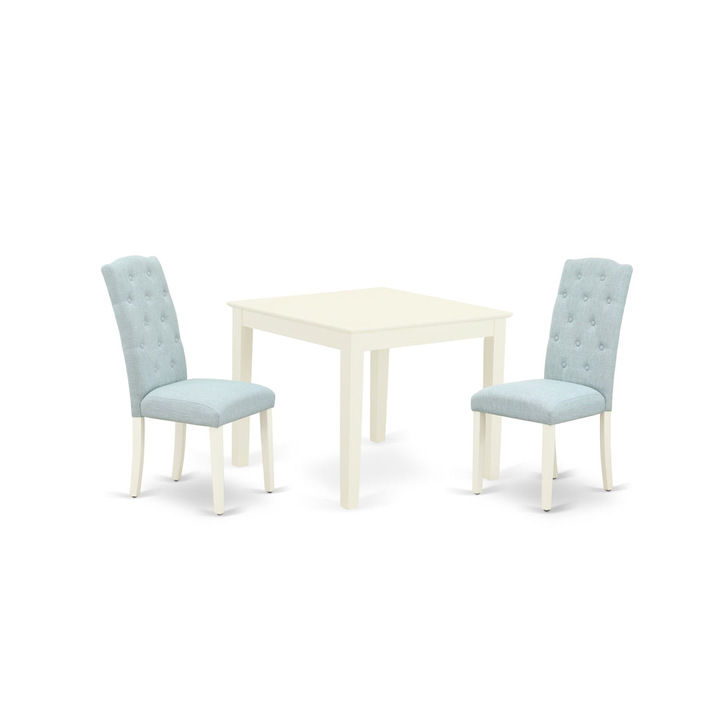 East West Furniture OXCE3-LWH-15 3 Piece Dining Table Set for Small Spaces Contains a Square Dining Room Table and 2 Baby Blue Linen Fabric Upholstered Chairs, 36x36 Inch, Linen White