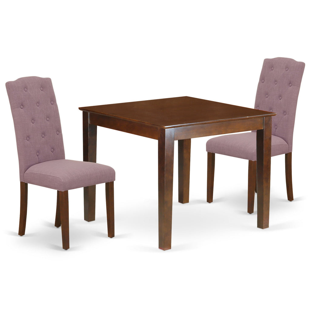 East West Furniture OXCE3-MAH-10 3 Piece Kitchen Table Set for Small Spaces Contains a Square Dining Room Table and 2 Dahlia Linen Fabric Upholstered Chairs, 36x36 Inch, Mahogany