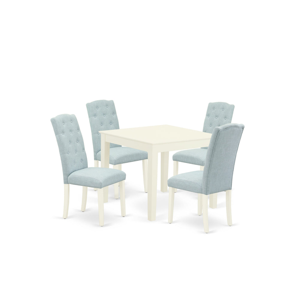 East West Furniture OXCE5-LWH-15 5 Piece Dining Room Table Set Includes a Square Wooden Table and 4 Baby Blue Linen Fabric Upholstered Parson Chairs, 36x36 Inch, Linen White
