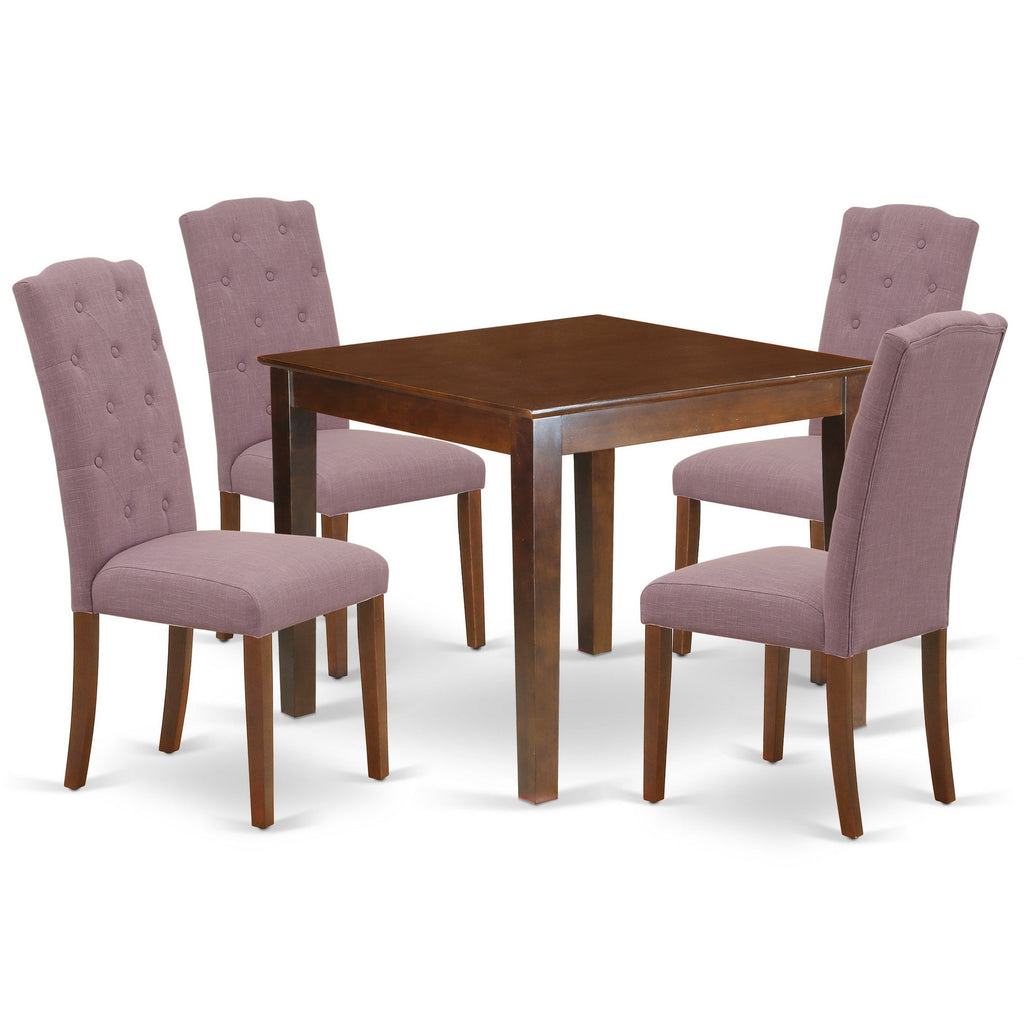 East West Furniture OXCE5-MAH-10 5 Piece Modern Dining Table Set Includes a Square Wooden Table and 4 Dahlia Linen Fabric Upholstered Parson Chairs, 36x36 Inch, Mahogany