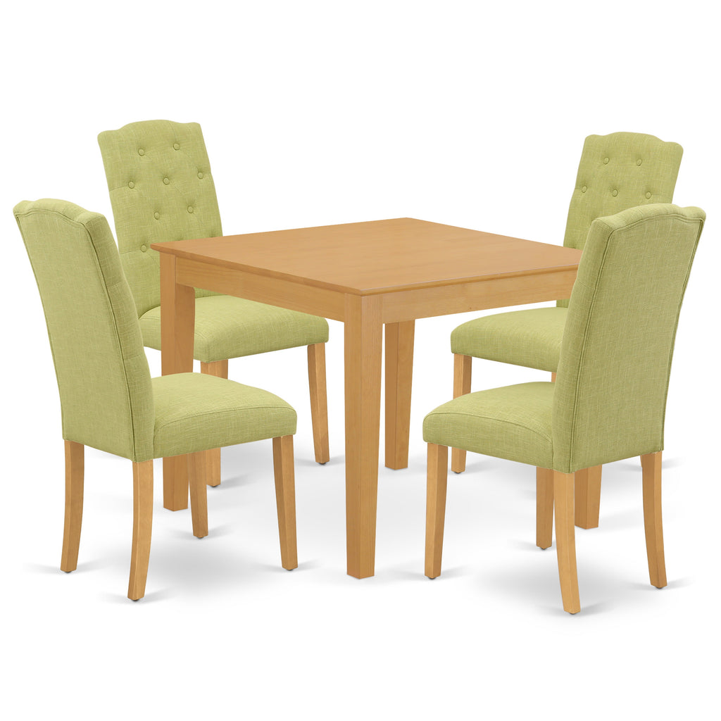 East West Furniture OXCE5-OAK-07 5 Piece Dining Room Table Set Includes a Square Kitchen Table and 4 Limelight Linen Fabric Parson Dining Chairs, 36x36 Inch, Oak