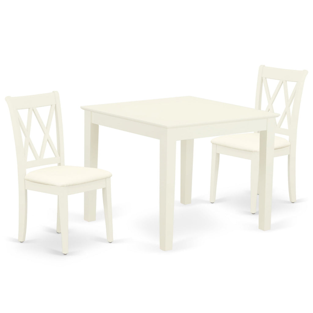 East West Furniture OXCL3-LWH-C 3 Piece Dining Room Table Set Contains a Square Kitchen Table and 2 Linen Fabric Upholstered Dining Chairs, 36x36 Inch, Linen White