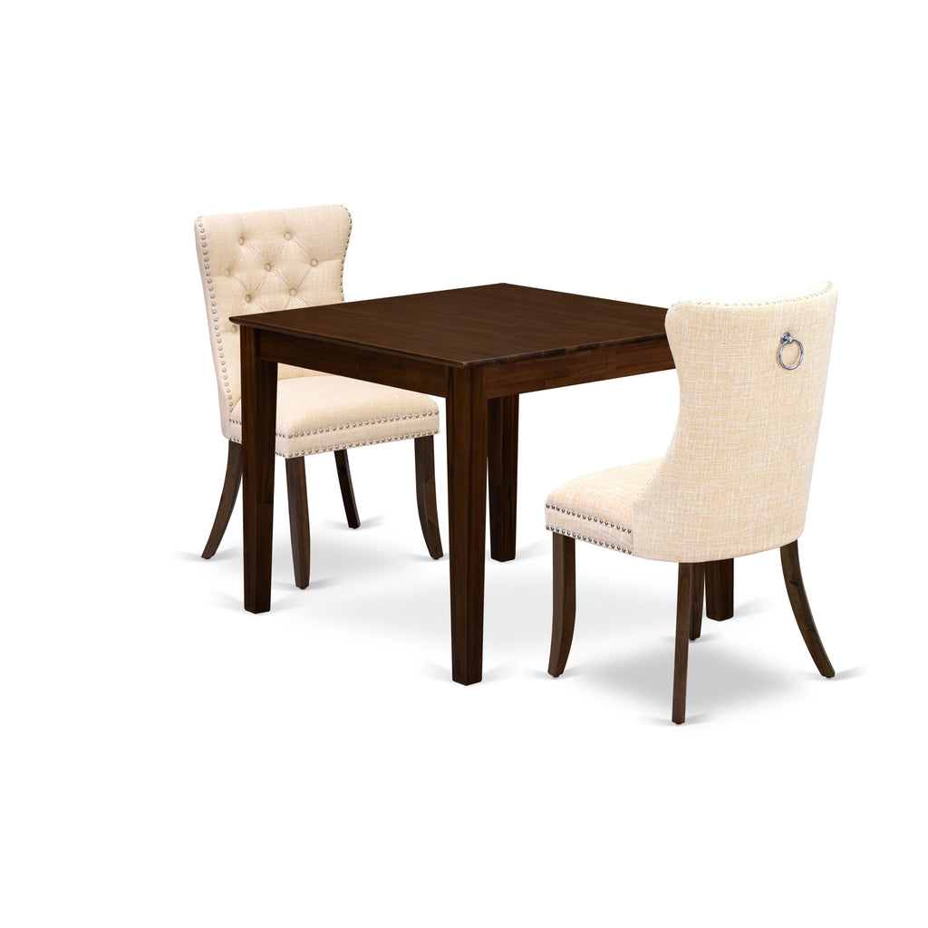 East West Furniture OXDA3-AWA-32 3 Piece Dining Room Table Set Consists of a Square Solid Wood Table and 2 Upholstered Parson Chairs, 36x36 Inch, Antique Walnut