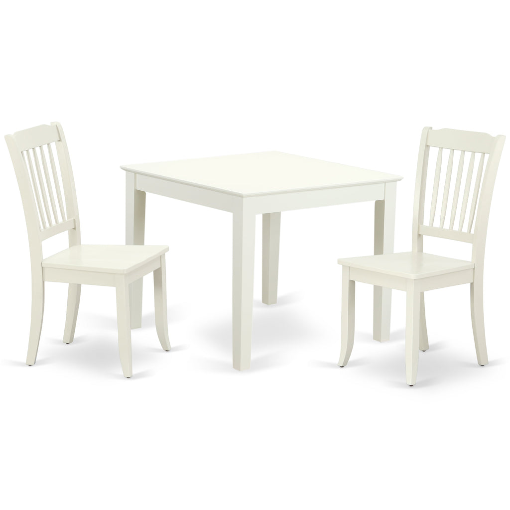 East West Furniture OXDA3-LWH-W 3 Piece Dining Room Table Set Contains a Square Wooden Table and 2 Kitchen Dining Chairs, 36x36 Inch, Linen White