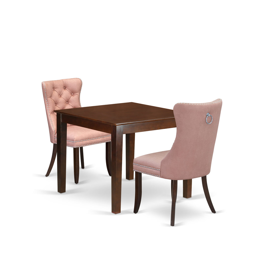 East West Furniture OXDA3-MAH-23 3 Piece Dining Table Set Consists of a Square Kitchen Room Table and 2 Upholstered Parson Chairs, 36x36 Inch, Mahogany