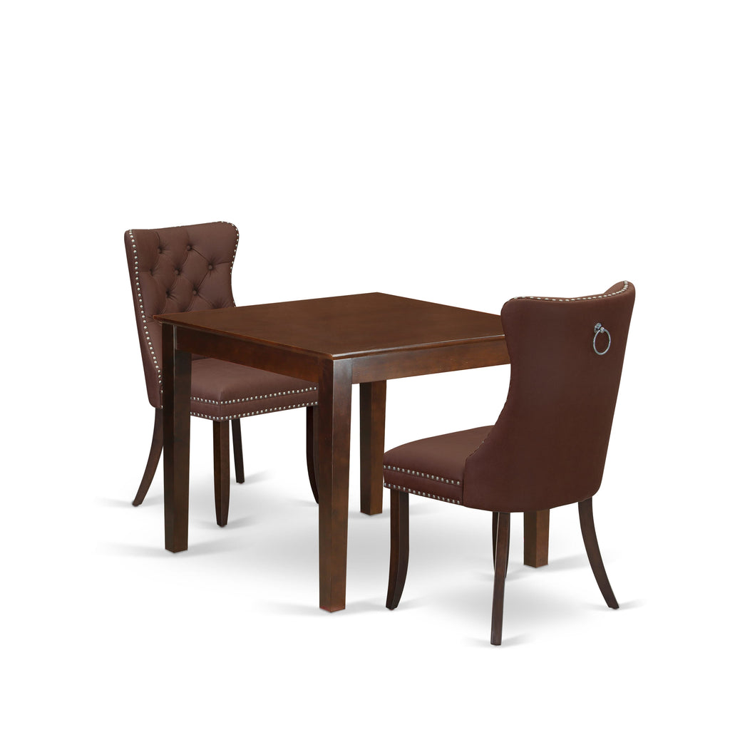 East West Furniture OXDA3-MAH-26 3 Piece Dining Room Furniture Set Includes a Square Solid Wood Table and 2 Upholstered Parson Chairs, 36x36 Inch, Mahogany