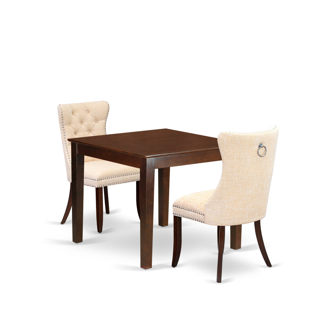 East West Furniture OXDA3-MAH-32 3 Piece Kitchen Table & Chairs Set Includes a Square Dining Table and 2 Upholstered Parson Chairs, 36x36 Inch, Mahogany