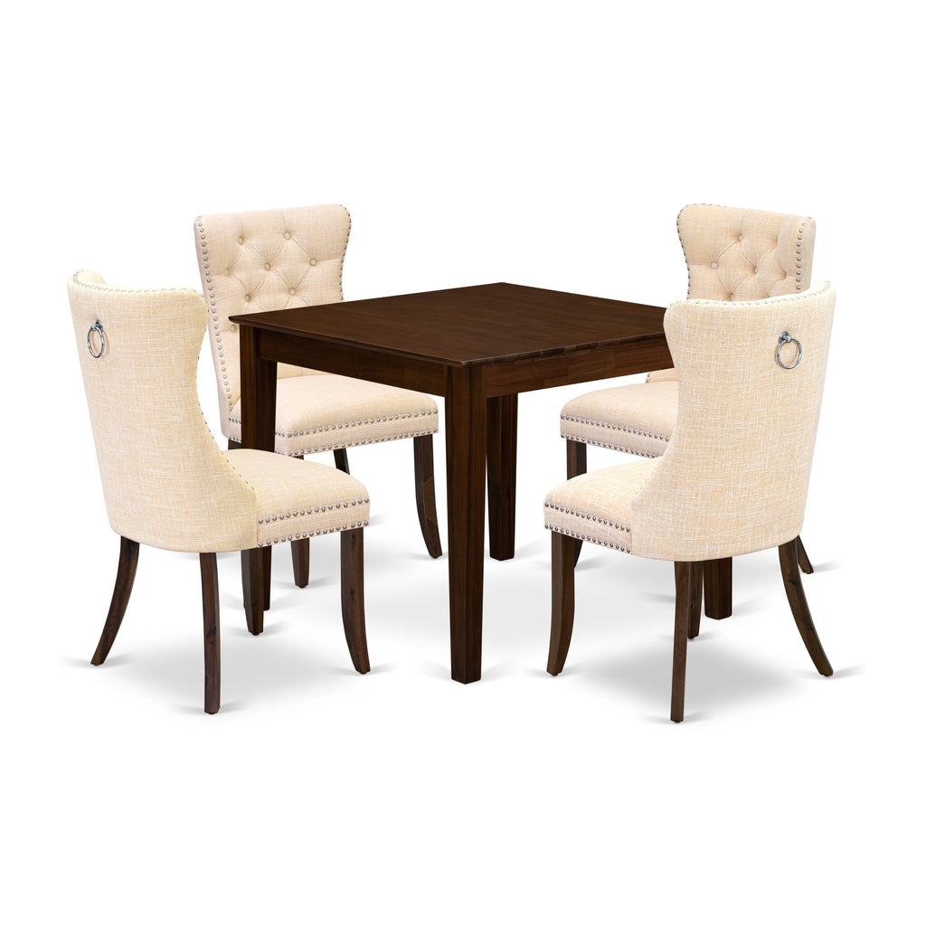 East West Furniture OXDA5-AWA-32 5 Piece Modern Dining Table Set Includes a Square Kitchen Room Table and 4 Upholstered Chairs, 36x36 Inch, Antique Walnut