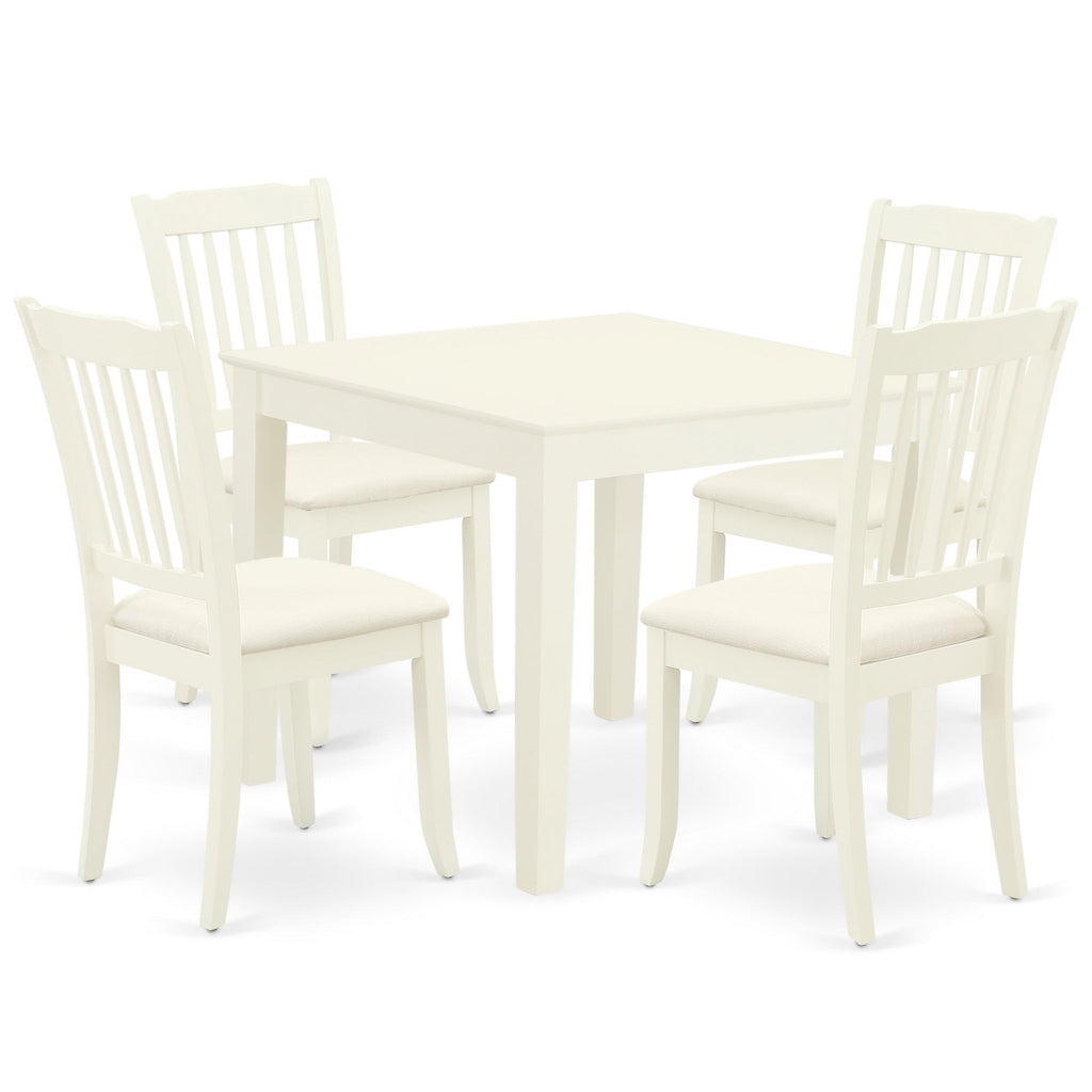 East West Furniture OXDA5-LWH-C 5 Piece Dining Set Includes a Square Solid Wood Table and 4 Linen Fabric Kitchen Room Chairs, 36x36 Inch, Linen White