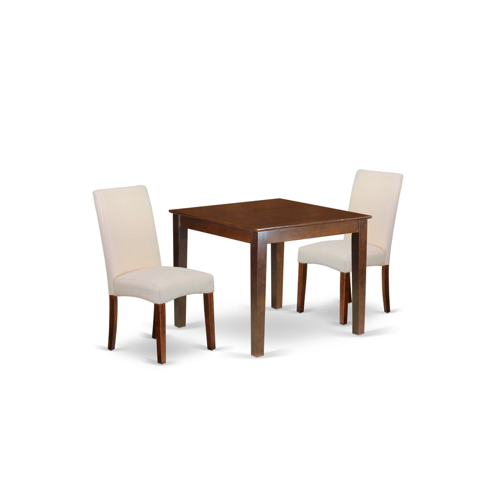 East West Furniture OXDR3-MAH-01 3 Piece Dining Table Set for Small Spaces Contains a Square Dining Room Table and 2 Cream Linen Fabric Parsons Chairs, 36x36 Inch, Mahogany