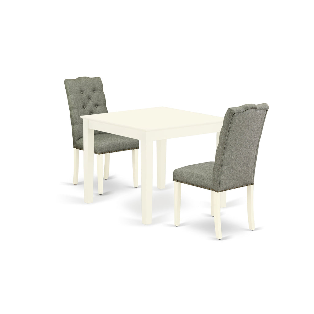 East West Furniture OXEL3-LWH-07 3 Piece Kitchen Table Set for Small Spaces Contains a Square Dining Room Table and 2 Gray Linen Fabric Upholstered Chairs, 36x36 Inch, Linen White