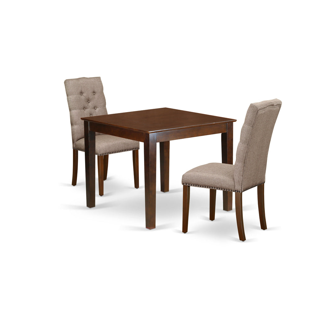 East West Furniture OXEL3-MAH-16 3 Piece Dining Set Contains a Square Dining Room Table and 2 Dark Khaki Linen Fabric Upholstered Parson Chairs, 36x36 Inch, Mahogany