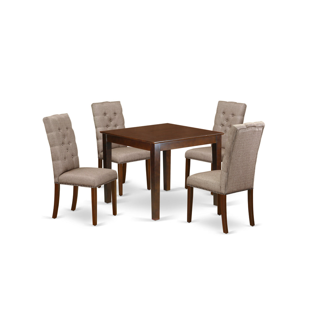 East West Furniture OXEL5-MAH-16 5 Piece Dining Room Table Set Includes a Square Kitchen Table and 4 Dark Khaki Linen Fabric Parson Dining Chairs, 36x36 Inch, Mahogany