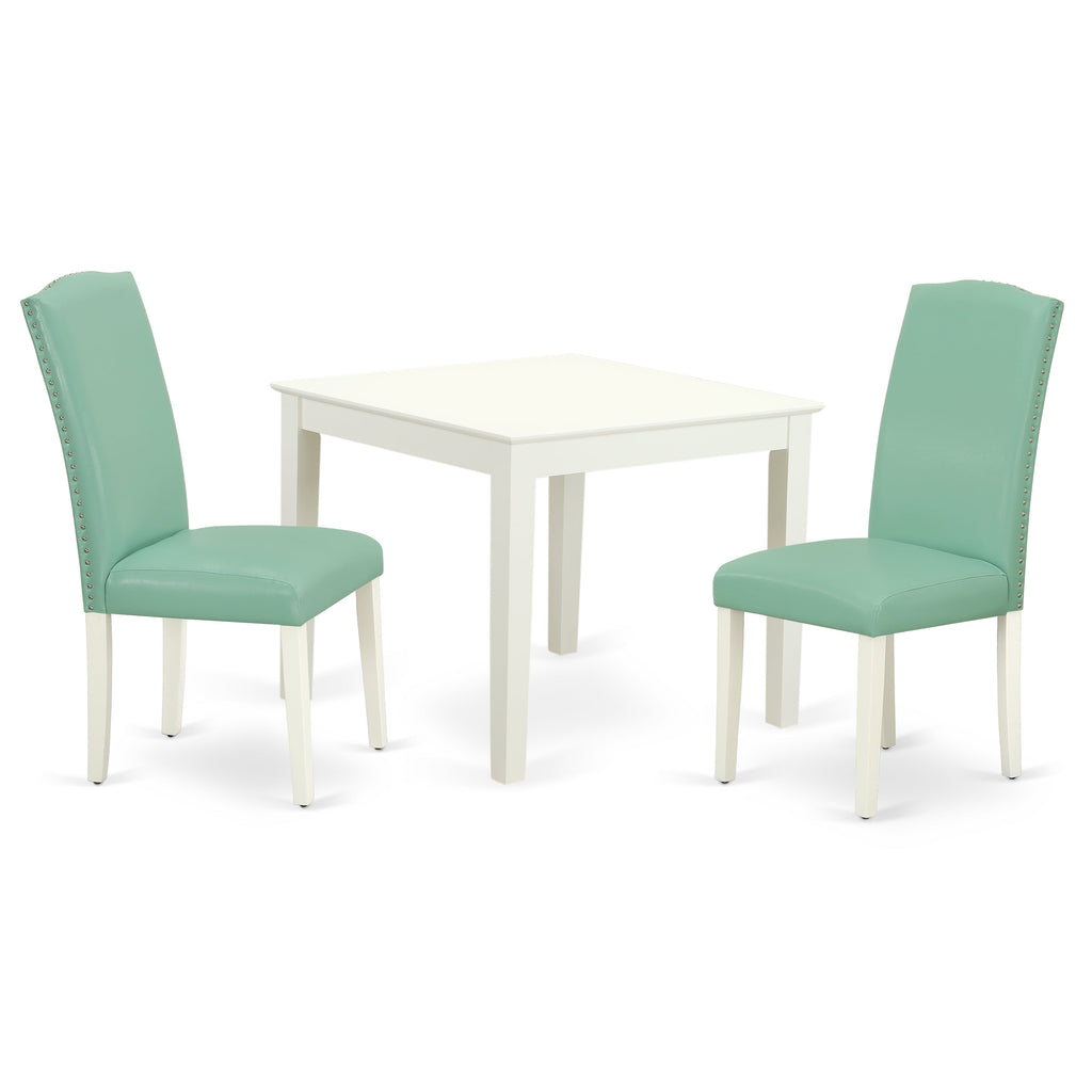 East West Furniture OXEN3-LWH-57 3 Piece Dinette Set for Small Spaces Contains a Square Dining Room Table and 2 Pond Faux Leather Parsons Dining Chairs, 36x36 Inch, Linen White