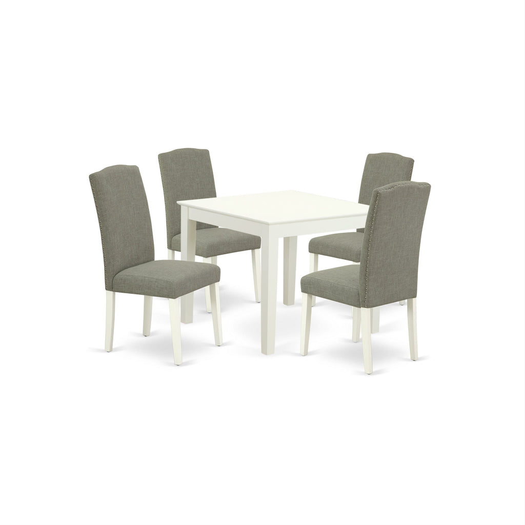 East West Furniture OXEN5-LWH-06 5 Piece Modern Dining Table Set Includes a Square Wooden Table and 4 Dark Shitake Linen Fabric Upholstered Parson Chairs, 36x36 Inch, Linen White