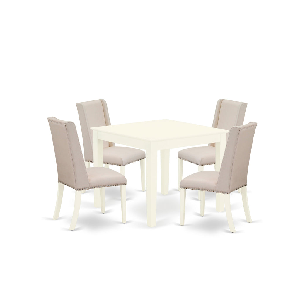 East West Furniture OXFL5-LWH-01 5 Piece Kitchen Table Set for 4 Includes a Square Dining Room Table and 4 Cream Linen Fabric Parson Dining Chairs, 36x36 Inch, Linen White