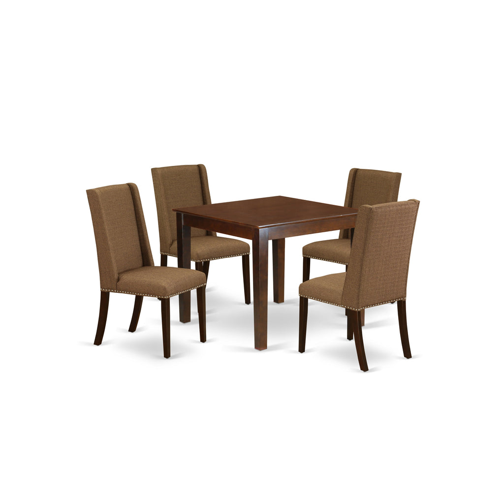 East West Furniture OXFL5-MAH-18 5 Piece Dining Table Set for 4 Includes a Square Kitchen Table and 4 Brown Linen Linen Fabric Parson Dining Chairs, 36x36 Inch, Mahogany