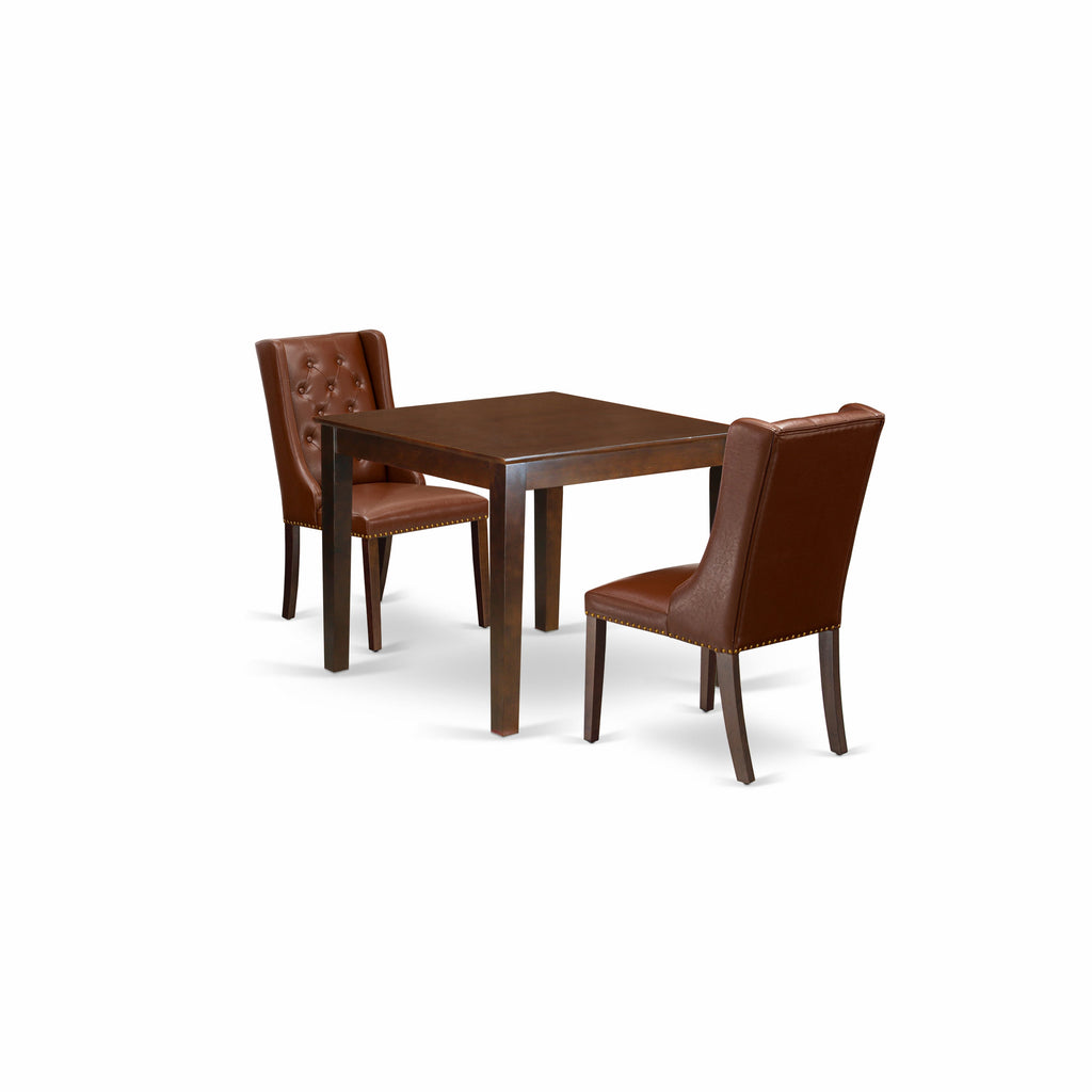 East West Furniture OXFO3-MAH-46 3 Piece Kitchen Table & Chairs Set Contains a Square Dining Table and 2 Brown Faux Faux Leather Parson Dining Room Chairs, 36x36 Inch, Mahogany