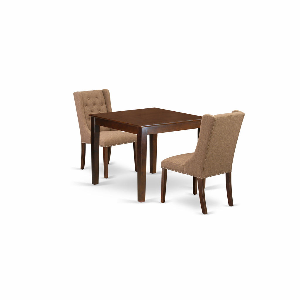 East West Furniture OXFO3-MAH-47 3 Piece Kitchen Table Set for Small Spaces Contains a Square Dining Room Table and 2 Light Sable Linen Fabric Parson Dining Chairs, 36x36 Inch, Mahogany