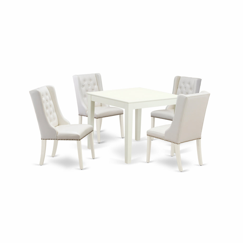 East West Furniture OXFO5-LWH-44 5 Piece Dining Room Furniture Set Includes a Square Dining Table and 4 Light grey Faux Leather Parsons Chairs, 36x36 Inch, Linen White