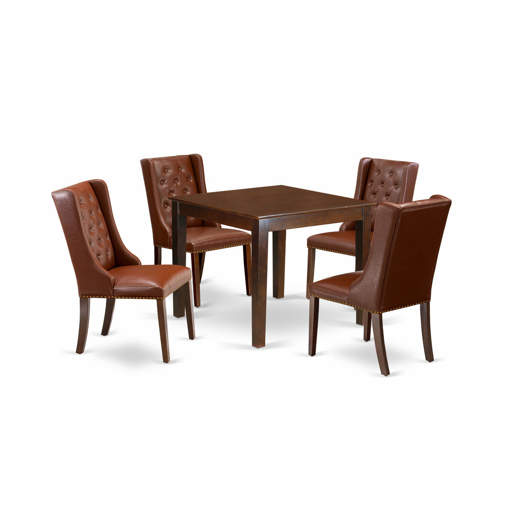 East West Furniture OXFO5-MAH-46 5 Piece Dinette Set for 4 Includes a Square Dining Room Table and 4 Brown Faux Faux Leather Parsons Dining Chairs, 36x36 Inch, Mahogany