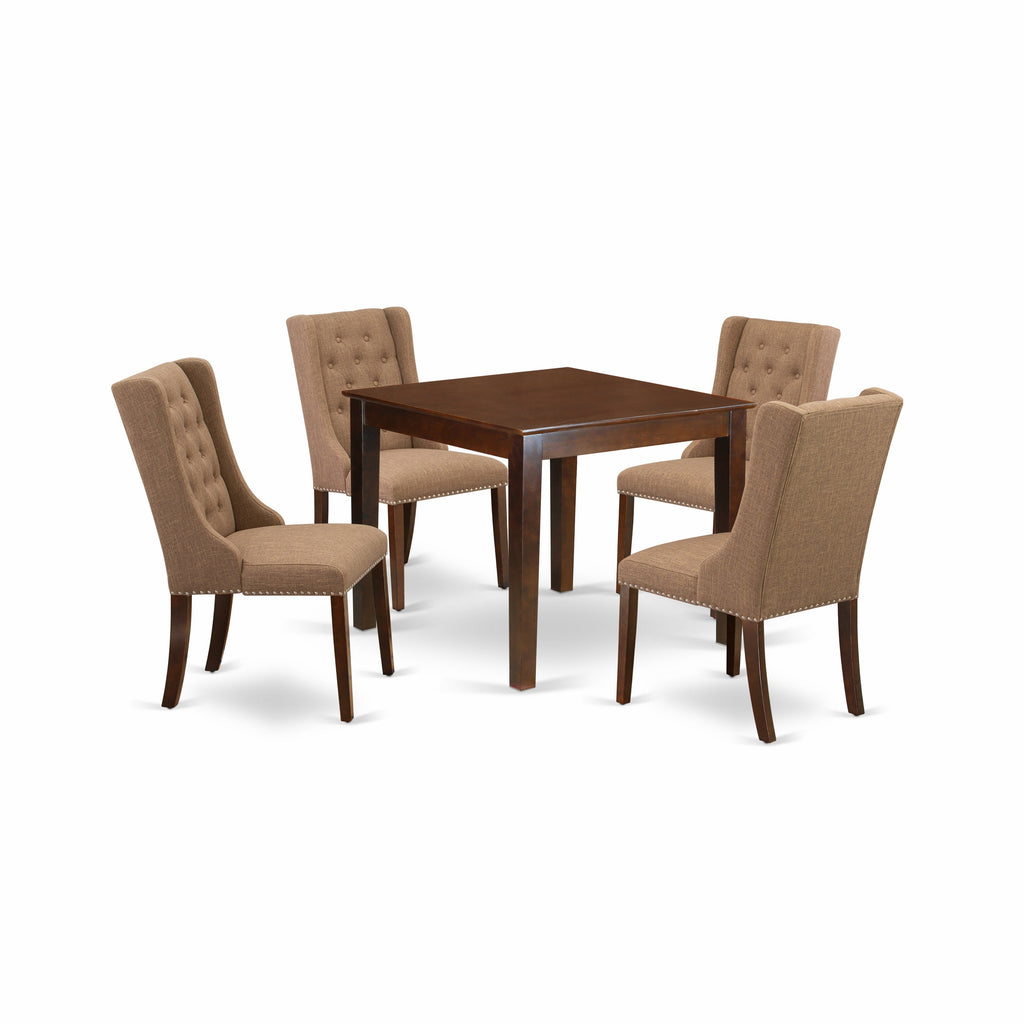 East West Furniture OXFO5-MAH-47 5 Piece Dining Table Set for 4 Includes a Square Kitchen Table and 4 Light Sable Linen Fabric Parsons Dining Chairs, 36x36 Inch, Mahogany