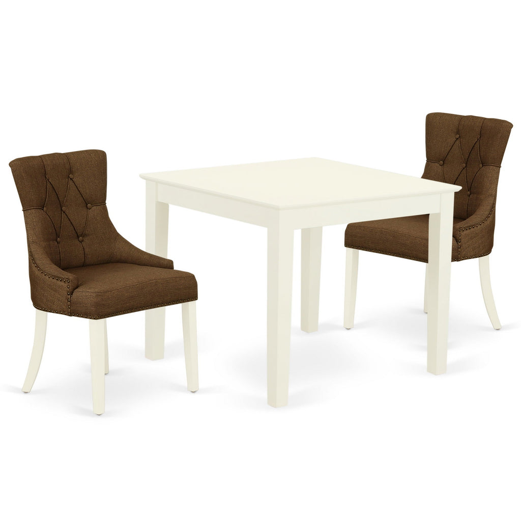 East West Furniture OXFR3-LWH-18 3 Piece Dinette Set for Small Spaces Contains a Square Dining Room Table and 2 Brown Linen Linen Fabric Upholstered Parson Chairs, 36x36 Inch, Linen White