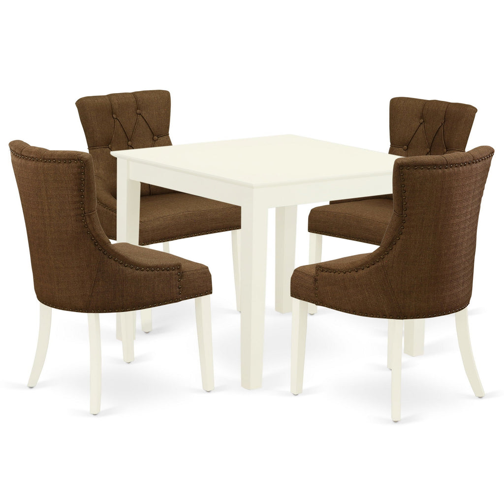 East West Furniture OXFR5-LWH-18 5 Piece Dinette Set for 4 Includes a Square Dining Room Table and 4 Brown Linen Linen Fabric Parson Dining Chairs, 36x36 Inch, Linen White