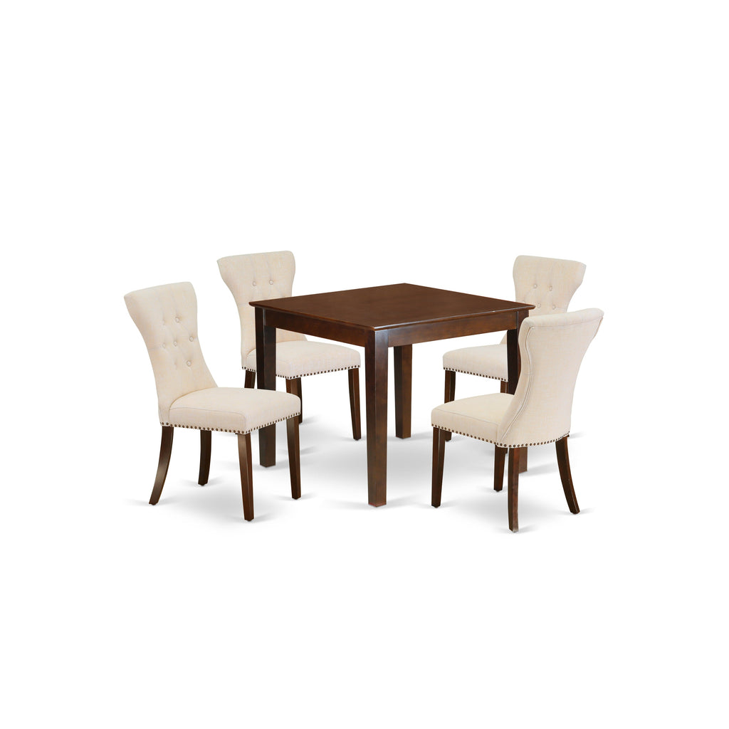East West Furniture OXGA5-MAH-32 5 Piece Dinette Set for 4 Includes a Square Dining Room Table and 4 Light Beige Linen Fabric Parson Dining Chairs, 36x36 Inch, Mahogany