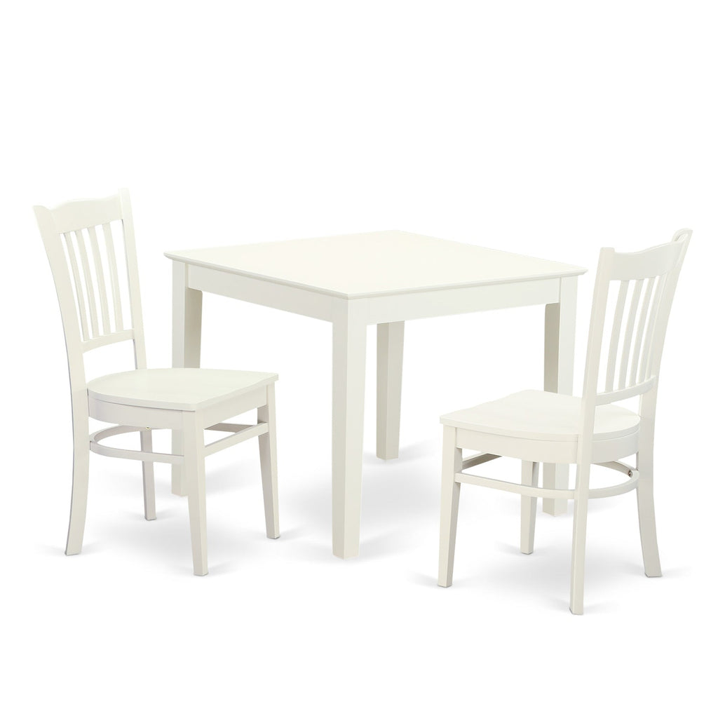 East West Furniture OXGR3-LWH-W 3 Piece Modern Dining Table Set Contains a Square Wooden Table and 2 Dining Room Chairs, 36x36 Inch, Linen White