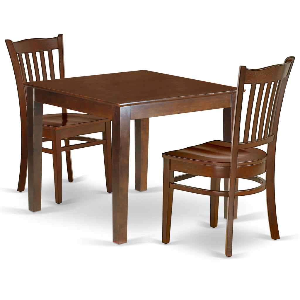East West Furniture OXGR3-MAH-W 3 Piece Dining Table Set for Small Spaces Contains a Square Dining Room Table and 2 Wood Seat Chairs, 36x36 Inch, Mahogany