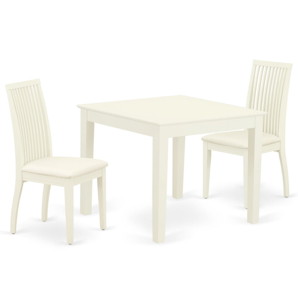 East West Furniture OXIP3-LWH-C 3 Piece Kitchen Table Set for Small Spaces Contains a Square Dining Room Table and 2 Linen Fabric Upholstered Dining Chairs, 36x36 Inch, Linen White