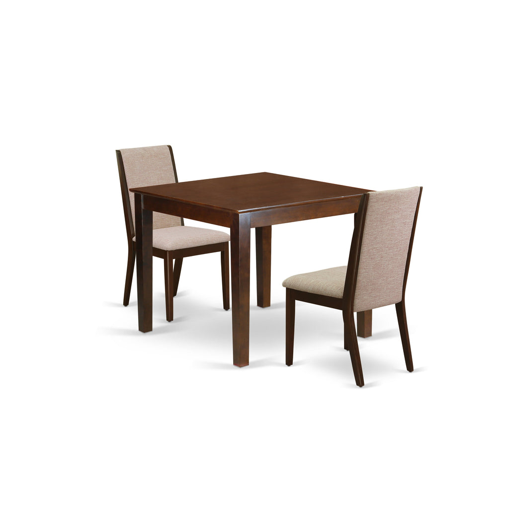 East West Furniture OXLA3-MAH-04 3 Piece Dining Room Furniture Set Contains a Square Dining Table and 2 Light Tan Linen Fabric Upholstered Chairs, 36x36 Inch, Mahogany