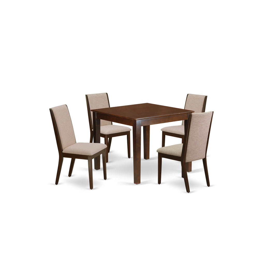 East West Furniture OXLA5-MAH-04 5 Piece Dinette Set for 4 Includes a Square Dining Room Table and 4 Light Tan Linen Fabric Upholstered Parson Chairs, 36x36 Inch, Mahogany