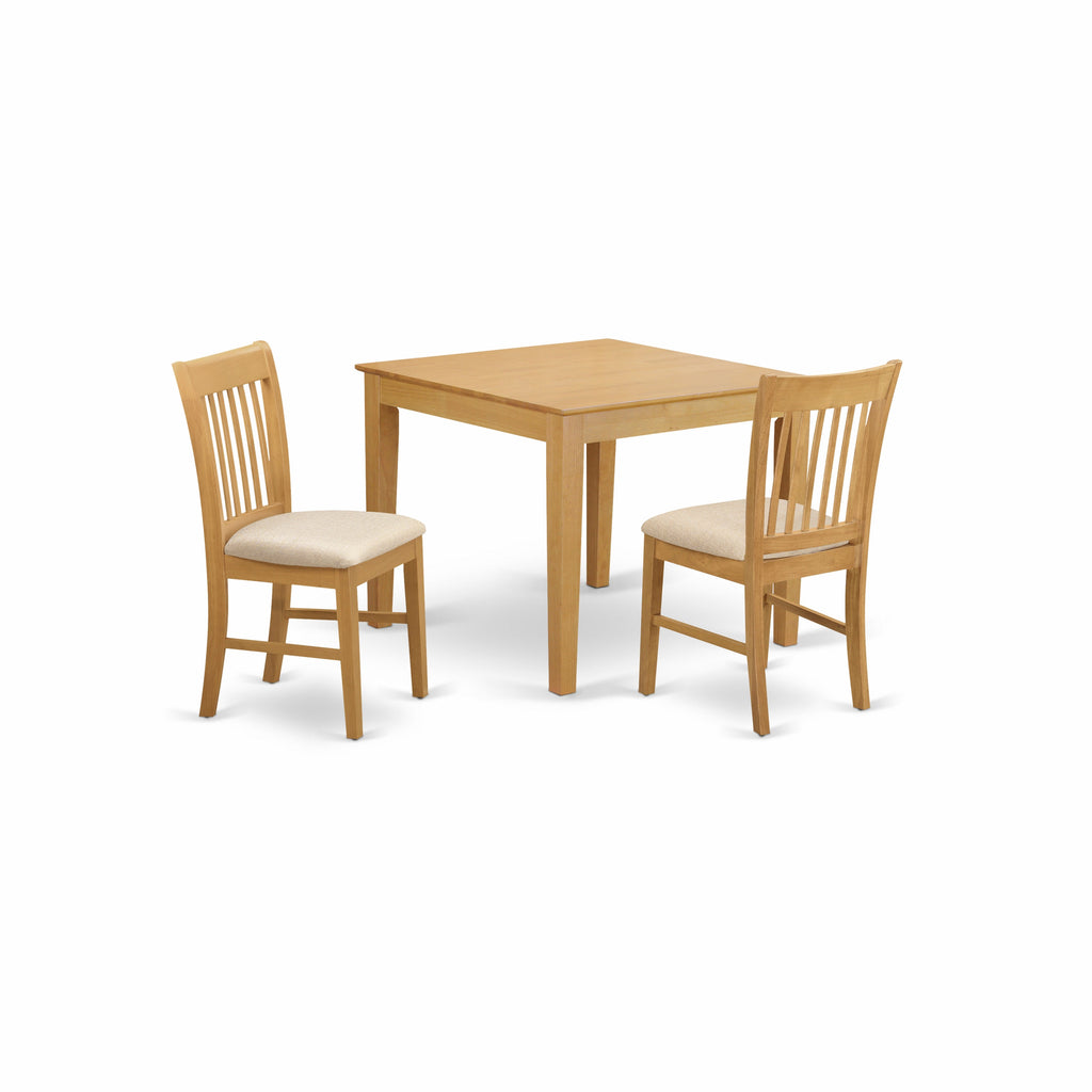 East West Furniture OXNO3-OAK-C 3 Piece Kitchen Table & Chairs Set Contains a Square Dining Room Table and 2 Linen Fabric Upholstered Dining Chairs, 36x36 Inch, Oak