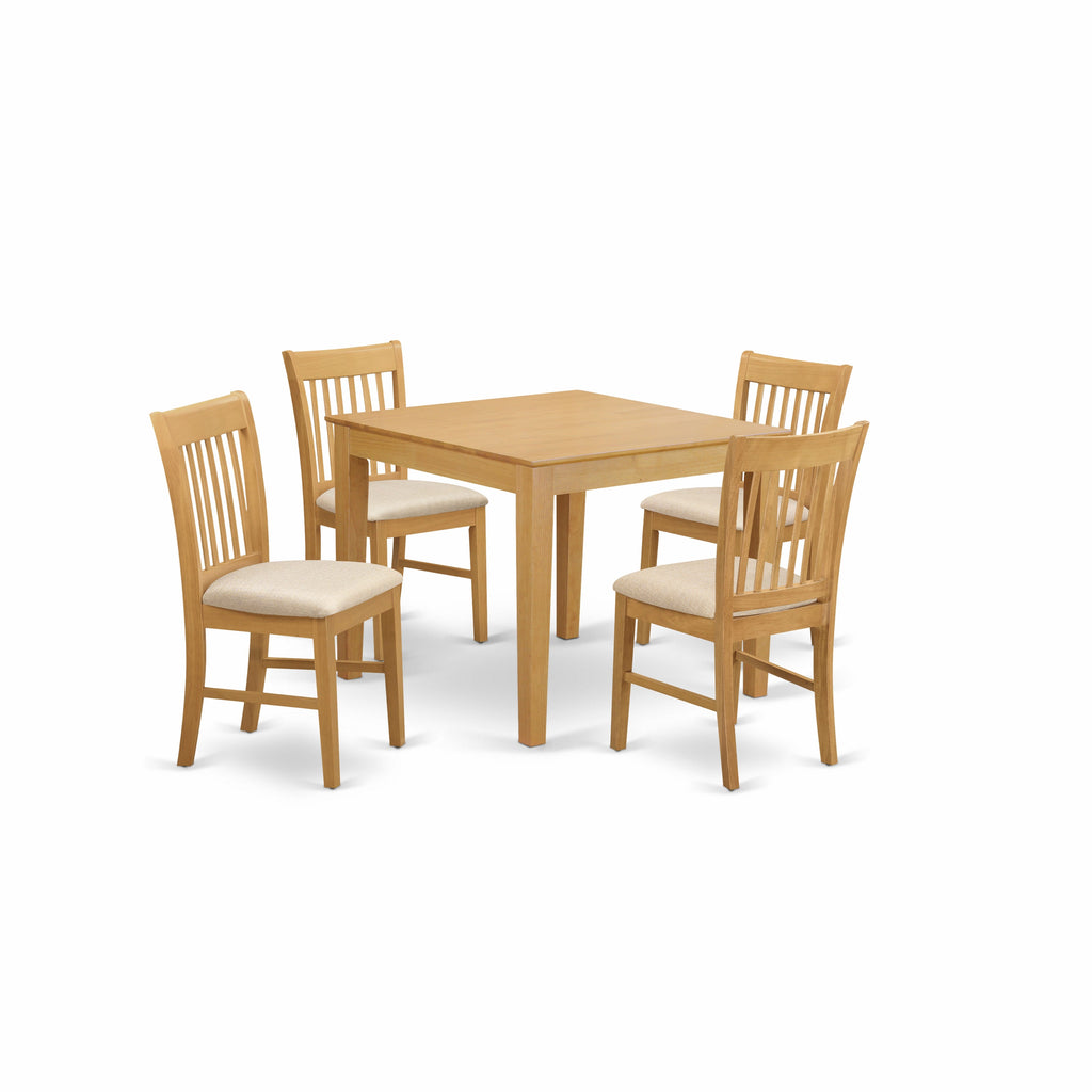 East West Furniture OXNO5-OAK-C 5 Piece Dinette Set for 4 Includes a Square Dining Room Table and 4 Linen Fabric Upholstered Dining Chairs, 36x36 Inch, Oak