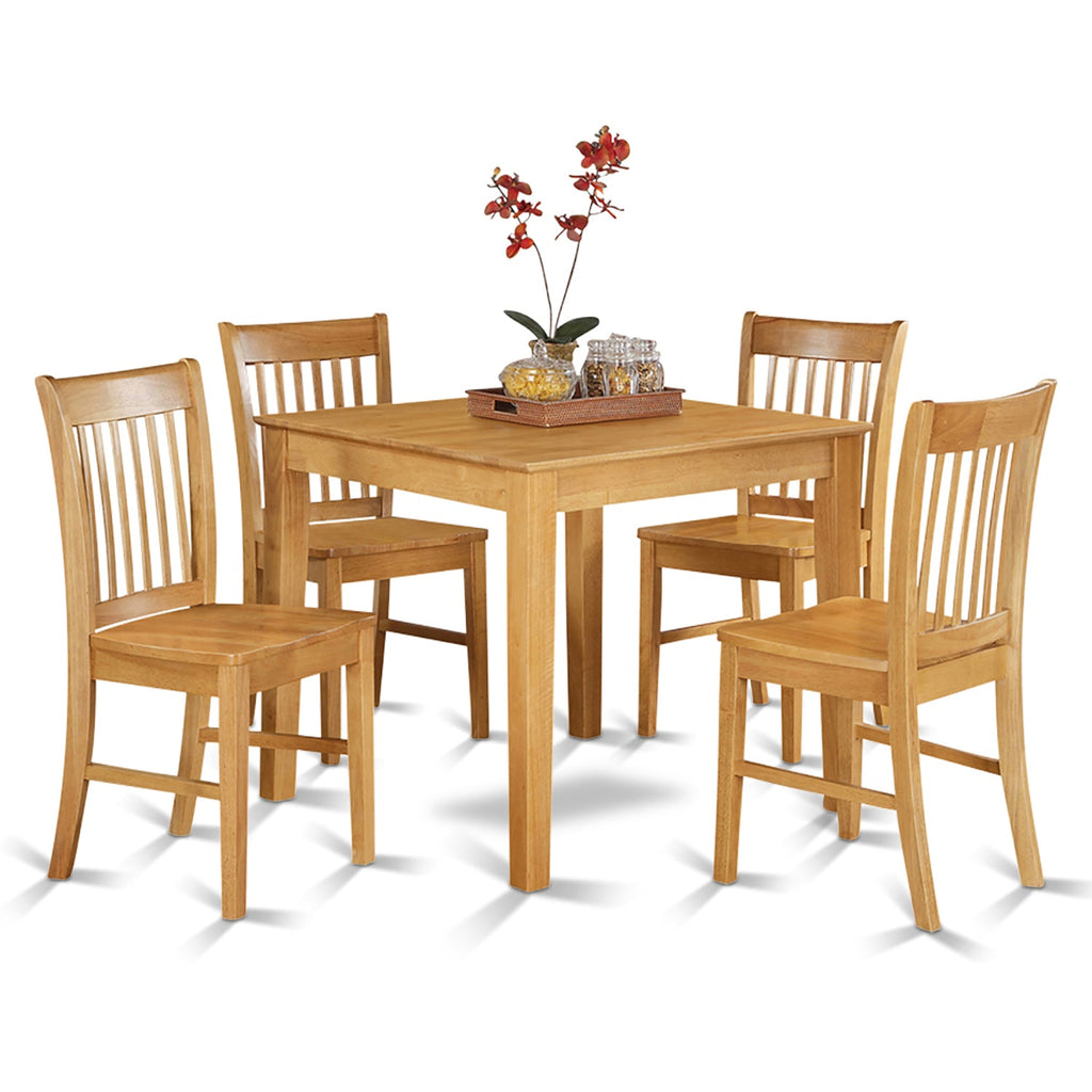 East West Furniture OXNO5-OAK-W 5 Piece Dining Room Table Set Includes a Square Kitchen Table and 4 Dining Chairs, 36x36 Inch, Oak